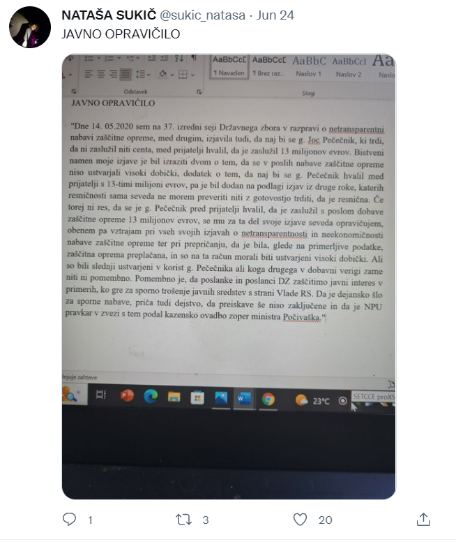 nataša sukič opravičilo jocu pečečniku - Twitter.png